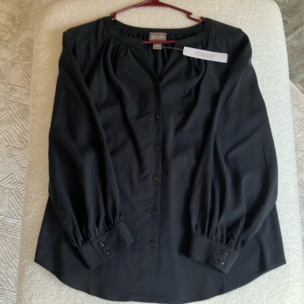 Chico's Black Puff Sleeve Blouse with Peter Pan Collar